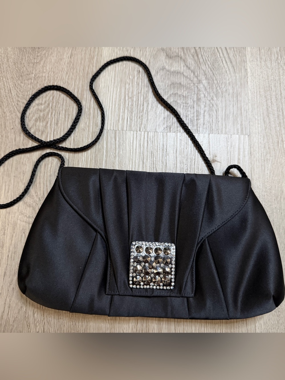 Kate Landry Black Satin Clutch with Crystal Panel